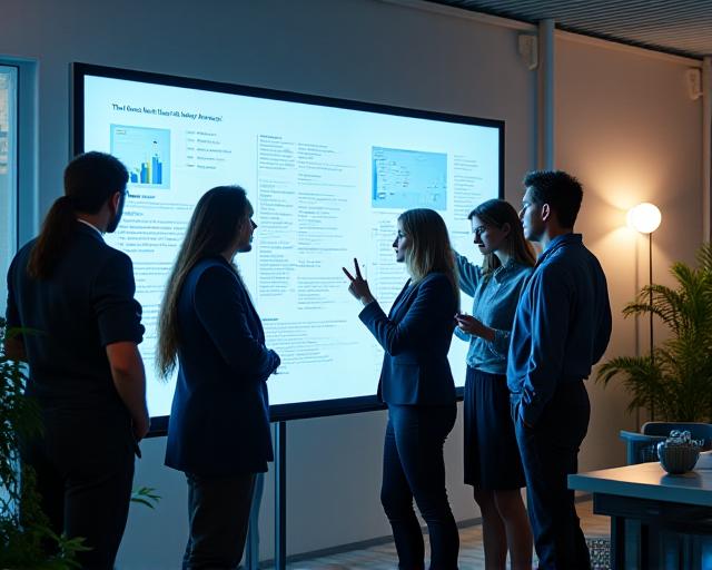 A diverse team of professionals collaborating around a digital whiteboard in a modern office.