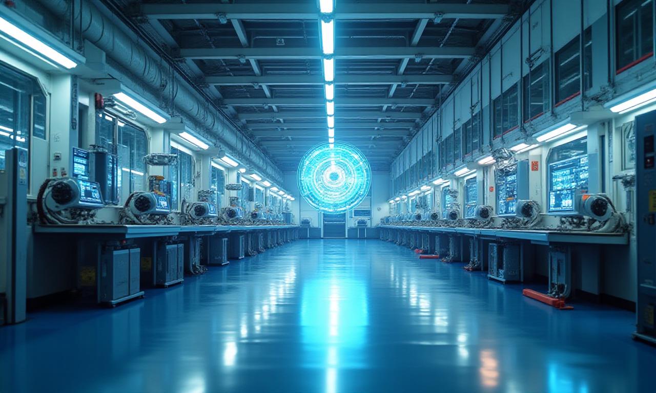 A modern, clean factory floor with faint data visualization overlays.